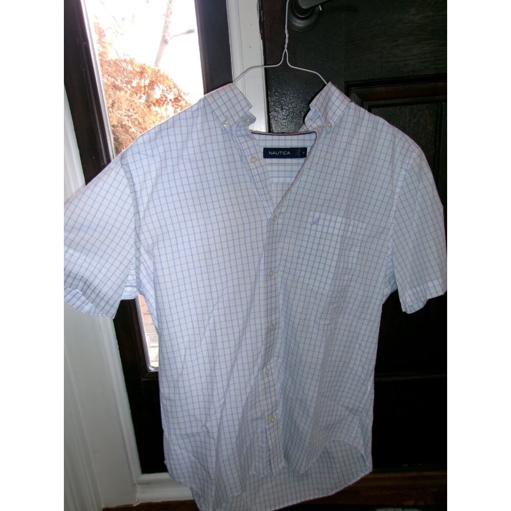 Nautica Check Button Down Shirt White and Light Blue Size M